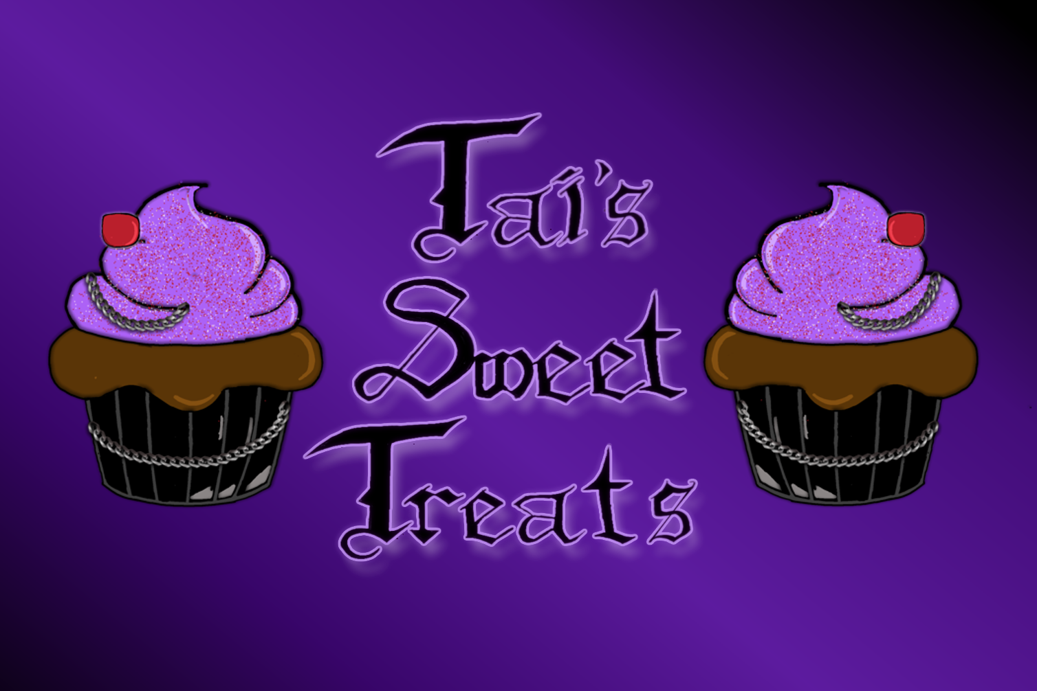 Logo for 'Tai's Sweet Treats' with purple cupcakes on a purple background